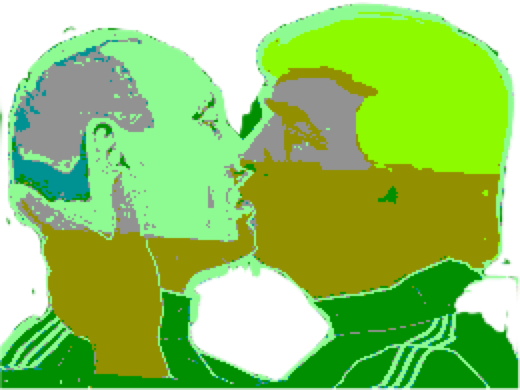 Trump und Putin in grünen und braunen Farbtönen, die sich den Bruderkuss geben.